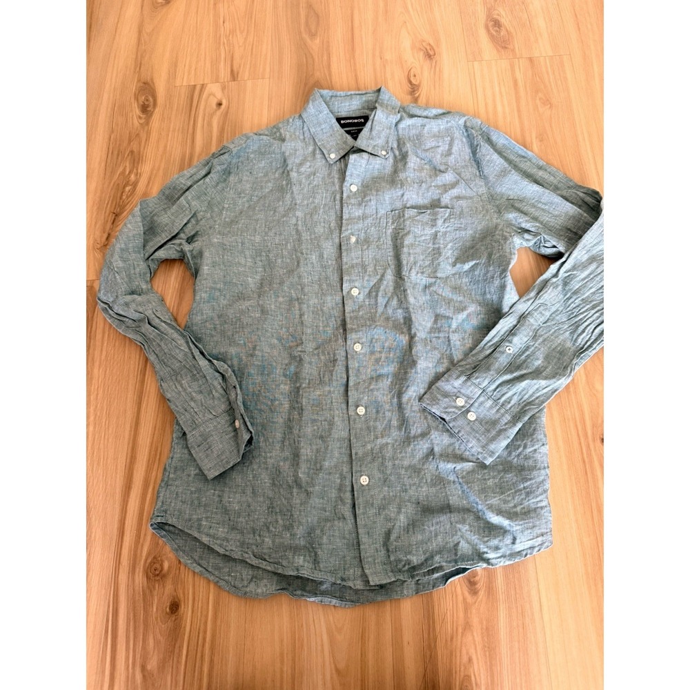Bonobos Shirt Mens Sz L Slim Fit 100% Linen Long Sleeve Button Up Green